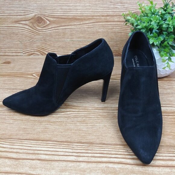 COLE HAAN ALLAIRE black suede ankle bootie heels size 7B - Picture 1 of 12
